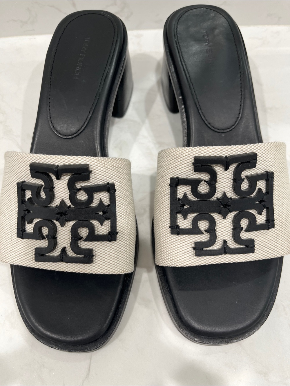 Tory Burch Black and Cream Logo Block Heel Slides